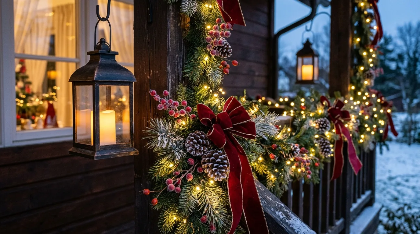 Layer garland around the porch and doorway inspiration for an outdoor holiday display.